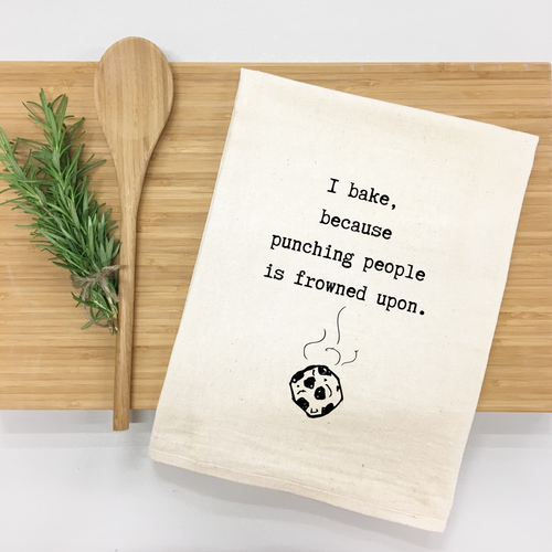 "I bake, because punching people is frowned upon." Kitchen Towel (Textiles) product photo