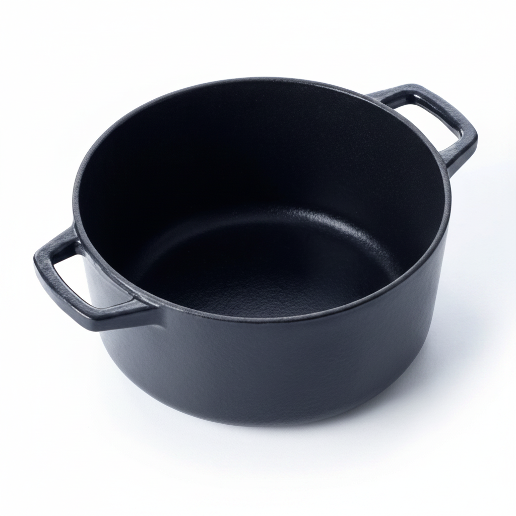 Alva Cookware 5-Qt enameled cast iron round Dutch oven with deep enamel interior, ideal for slow cooking and braising.