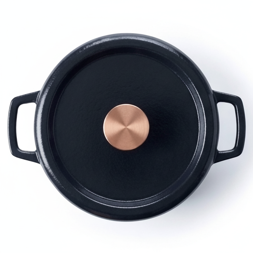 Top view of Alva Cookware 5-Quart enameled cast iron round Dutch oven with lid, ideal for slow cooking and braising.