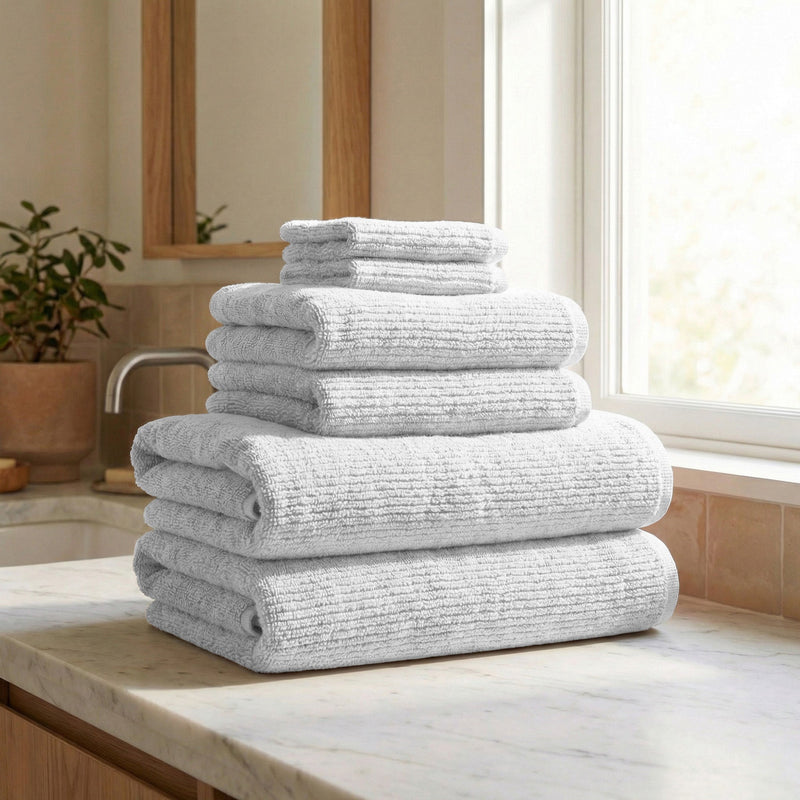 Set of six Turkish cotton ribbed bath towels from Great Bay Home's Georgiana Collection, soft and absorbent in neutral tones.