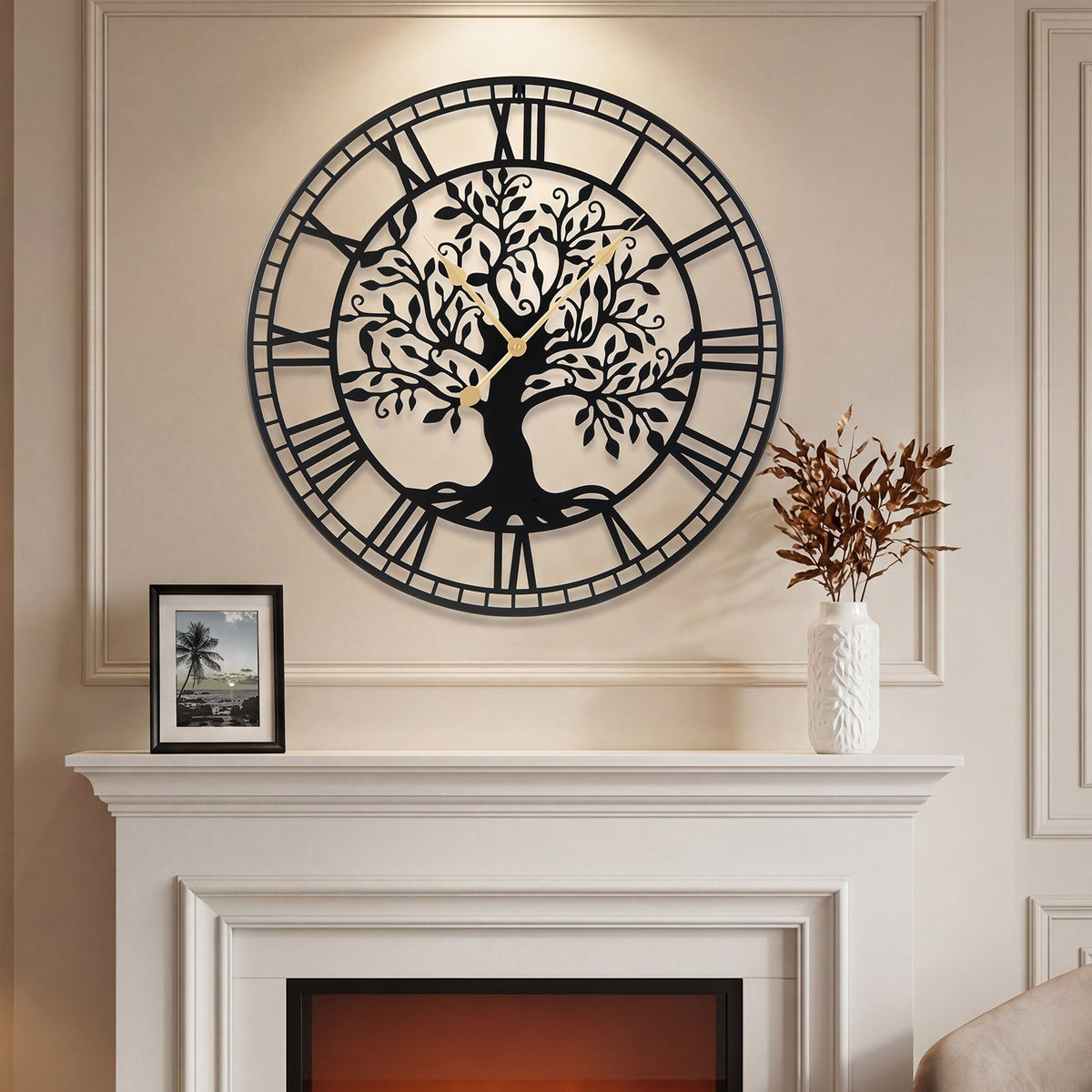 Large 27-inch black metal wall clock with a Tree of Life design, featuring intricate tree branches and a modern, stylish look.