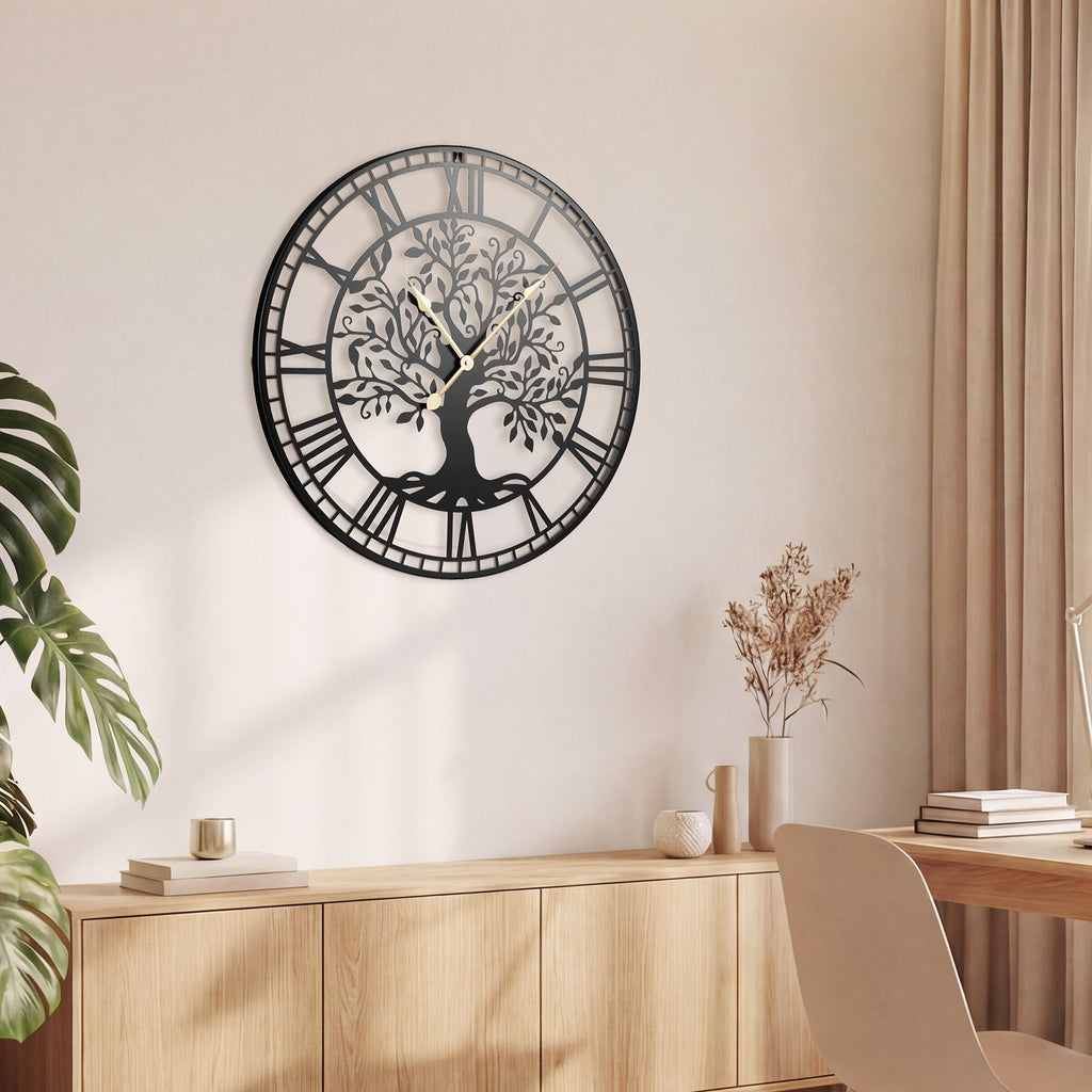 Large 27-inch black metal wall clock with a Tree of Life design, featuring bold numbers and intricate tree details.