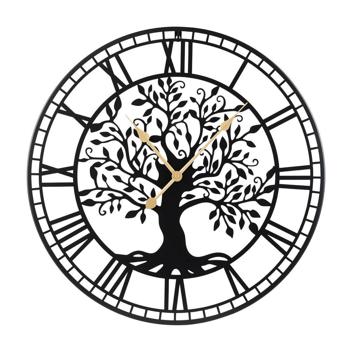 Large 27-inch black metal wall clock featuring a Tree of Life design, perfect for modern home decor.