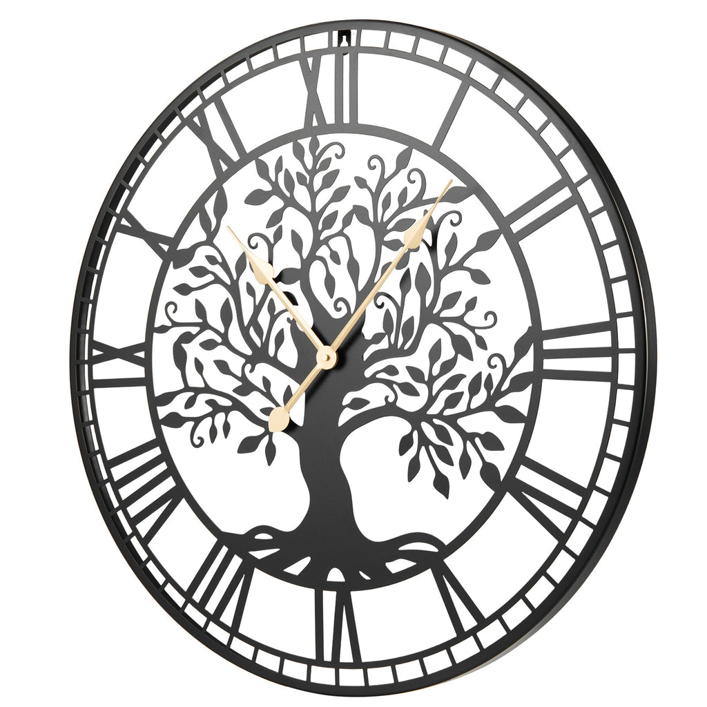 Large 27-inch black metal wall clock with a Tree of Life design, featuring intricate branches and a modern, decorative style.