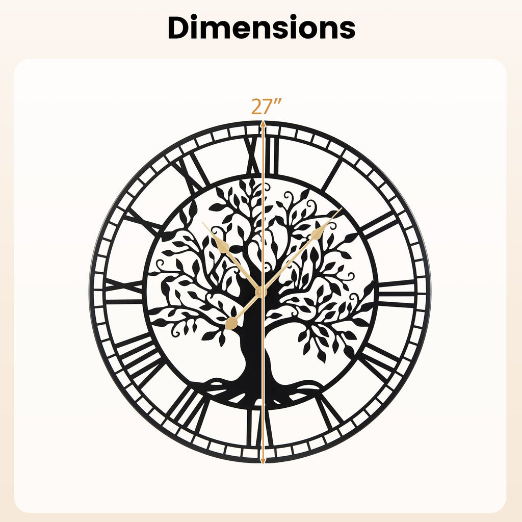 Large 27-inch black metal wall clock featuring a Tree of Life design, perfect for modern home decor.