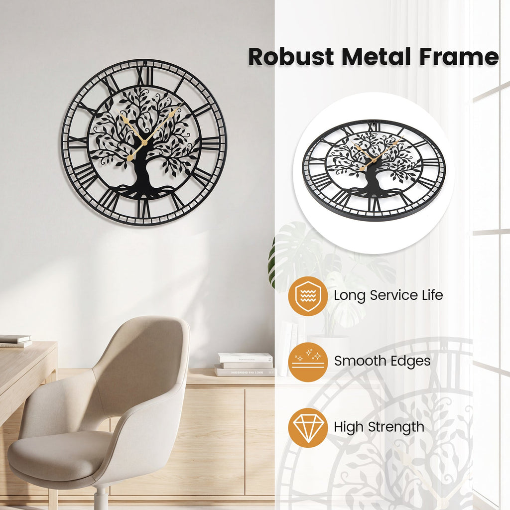 Large 27-inch black metal wall clock featuring a Tree of Life design, ideal for modern home or office decor.