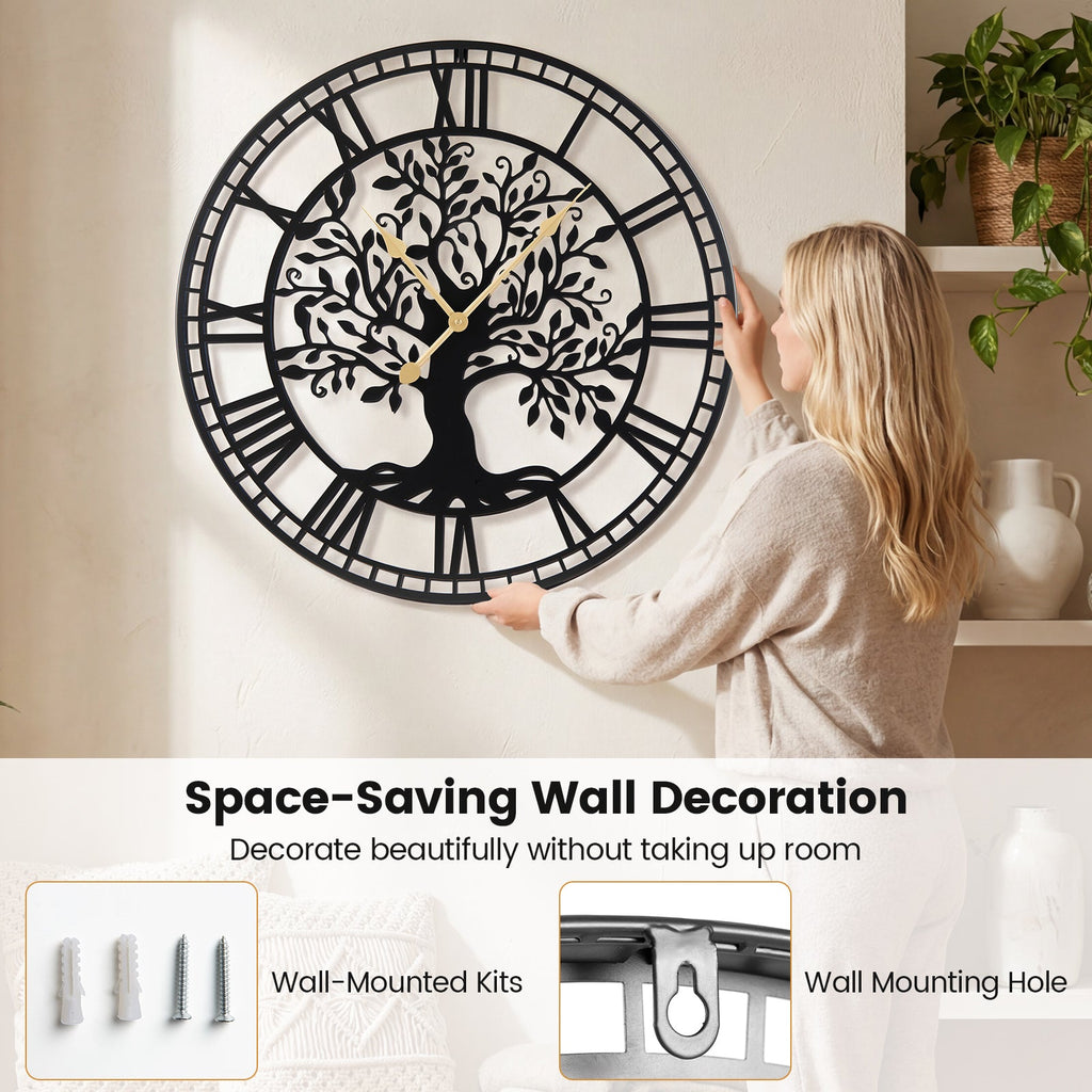 Large black metal wall clock featuring a 27-inch Tree of Life design, perfect for modern home decor.