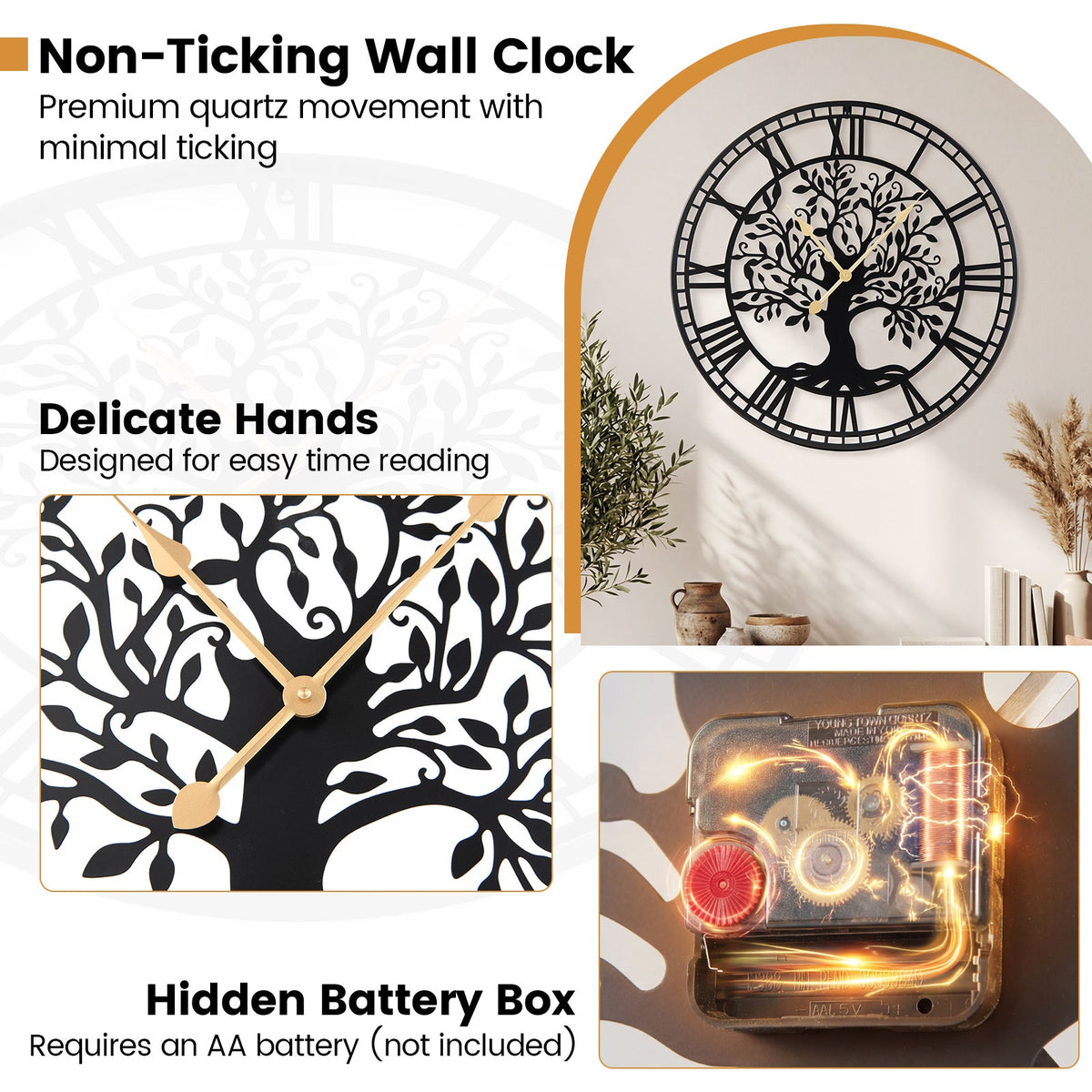 Large 27-inch black metal wall clock featuring a Tree of Life design, ideal for modern home decor.